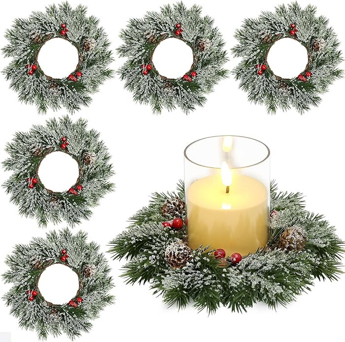 6 Pcs Christmas Candle Rings Wreaths Bulk, Xmas Artificial Candle Rings with Pinecones Red Berrie... | Amazon (US)
