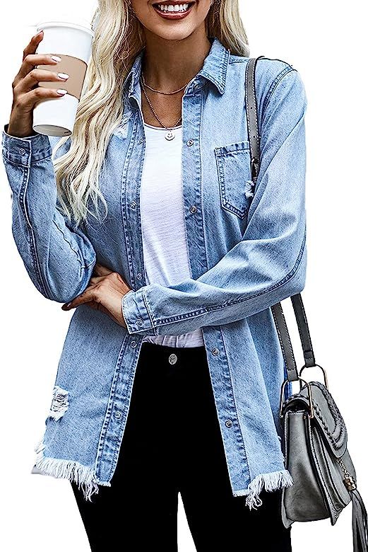 Women's Oversized Denim Jacket Long Boyfriend Distresse Jean Jacket | Amazon (US)