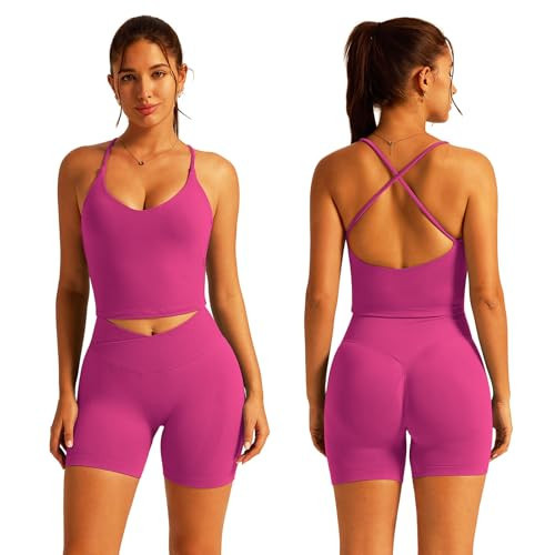 ABOCIW Workout Sets for Women 2 Piece V Neck Cross Back Tank Crossover Waist Tummy Control High Waist Biker Shorts Gym Set Yoga Pilates Outfits Athletic Work Out Clothes Hibiscus Medium | Amazon (US)