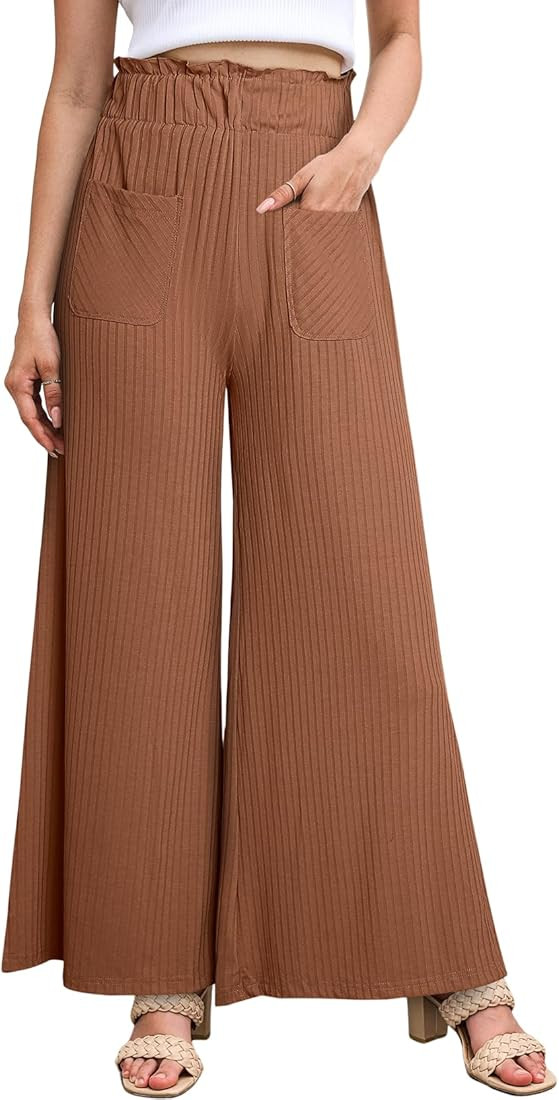 Wide Leg Pants for Women Casual Baggy Elastic High Waisted Flowy Ribbed Knit Sweater Pants Trouse... | Amazon (US)