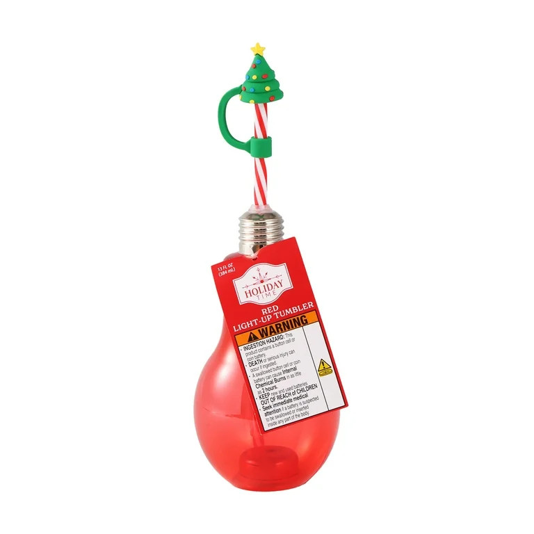 Plastic Light-Up Bulb-Shaped Christmas Tumbler with Straw, Red, 13 fl oz, by Holiday Time | Walmart (US)
