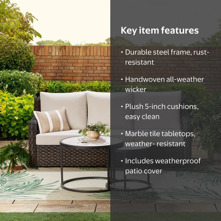 Better Homes & Gardens River Oaks Outdoor Sofa & 2 Nesting Tables with Patio Cover, Dark Brown | Walmart (US)