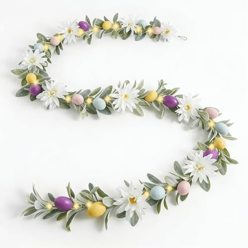 6ft Pre-Lit Easter Garland with 40 LED Lights, Artificial Waterproof Lambs Ear Spring Floral Greenery with Pastel Eggs & Daisy Flowers for Fireplace Mantels, Tables, Walls,Indoor & Outdoor Decor | Amazon (US)
