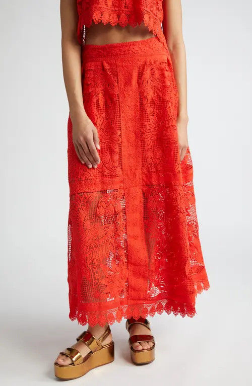 FARM Rio Toucan Guipure Lace Maxi Skirt in Red at Nordstrom, Size Xx-Small | Nordstrom