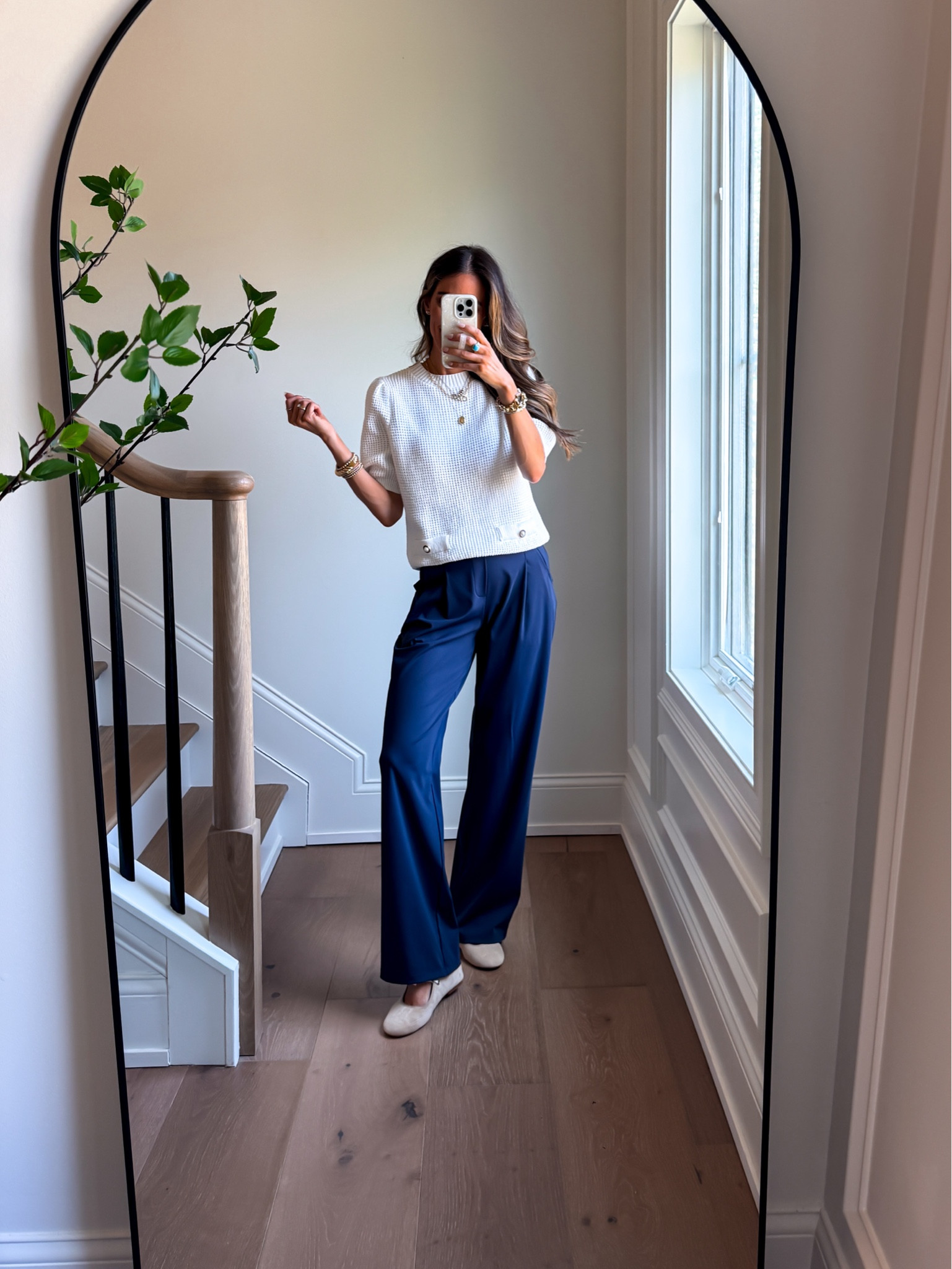 Wearing xsmall 31” inseam work pants that feel like yoga pants and come in lengths. Top fits tts, wearing a small. 

#LTKmomlife #LTKgrwm #LTKWorkwear