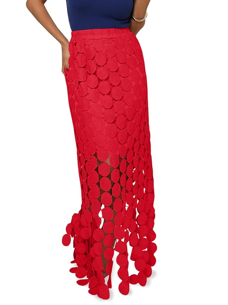 Cicy Bell Womens Hollow Out Maxi Skirts Summer High Waisted Boho Fringe Hem Long Skirt | Amazon (US)