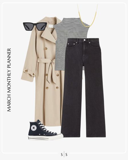 Monthly outfit planner: MARCH: Winter to Spring transitional looks | high neck stripe sweater tank, high rise black wide leg jean, trench coat, high top sneakers, sunglasses 

See the entire calendar on thesarahstories.com ✨ 

#LTKstyletip