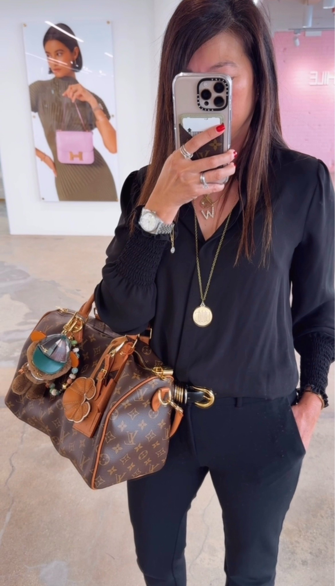 Black on black but the bag + charms are doing all the talking today 🤎👜✨

#LTKootd #LTKmomlife #LTKOver40