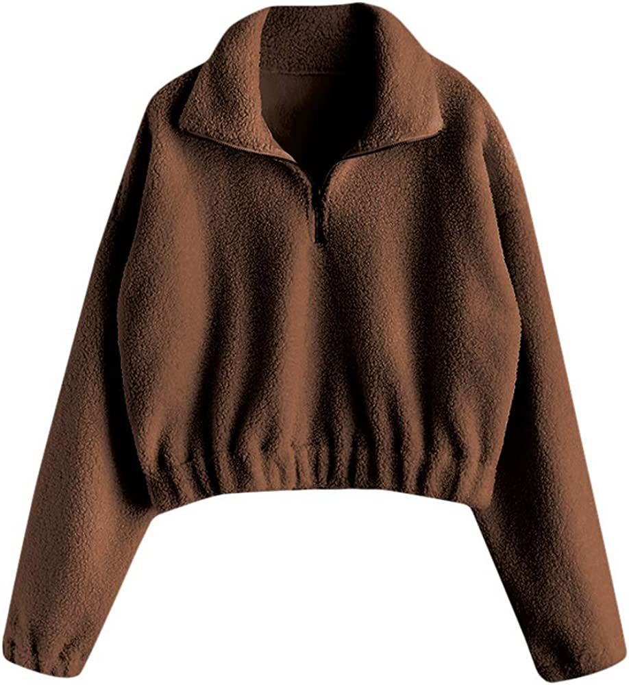 ZAFUL Women's Fashion Long Sleeve Lapel Half Zip Plain Faux Fur Sweatshirt Solid Color Crop Pullo... | Amazon (US)