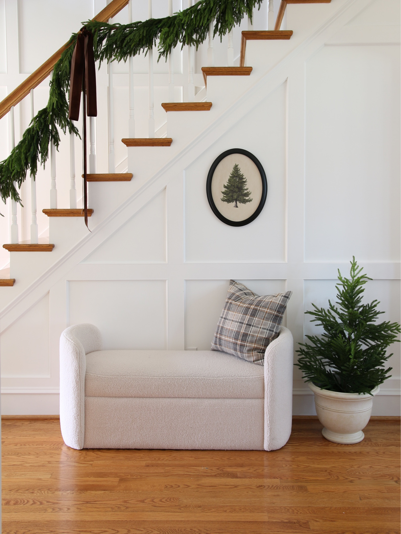 Christmas decor, 15 ft Norfolk pine garland, velvet ribbon, Christmas tree frame, pine tree, bench 

#LTKHoliday #LTKSeasonal #LTKhome