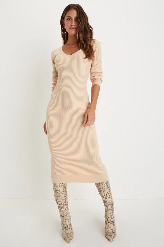 Everyday Beauty Beige Long Sleeve Ribbed Knit Sweater Dress | Lulus (US)