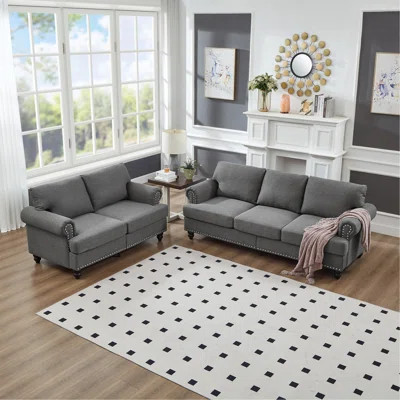 Modern Classic Design With Nails Living Room 2+3 Seater Sofa Fabric Couch,Upholstered Polyester | Wayfair North America