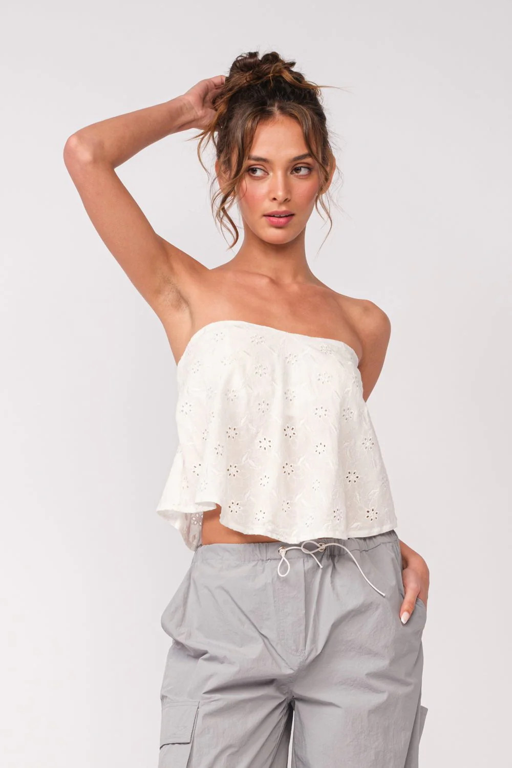 White Eyelet Strapless Flowy Overlay Top | Boho Pink | Boho Pink