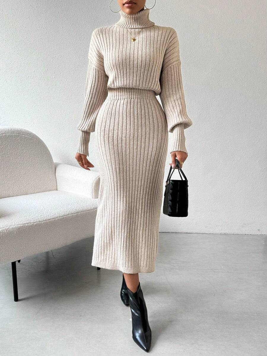 SHEIN Privé Women's Turtleneck Drop Shoulder Ribbed Sweater Dress | SHEIN