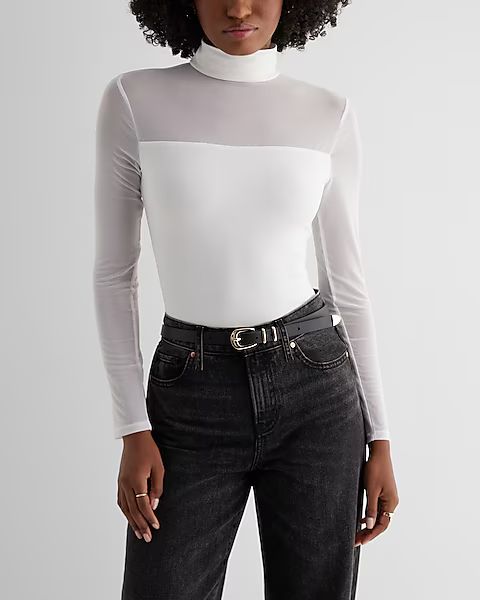 Fitted Mesh Pieced Mock Neck Long Sleeve Bodysuit | Express