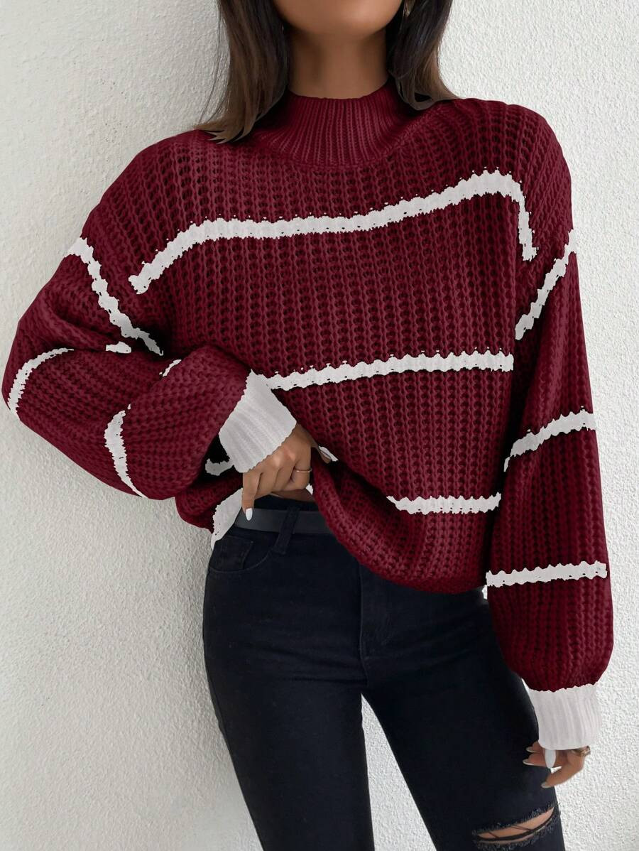 Celisse Striped Pattern Mock Neck Drop Shoulder Sweater,Long Sleeve Tops Knit Pullover Fall Winte... | SHEIN