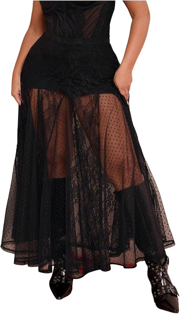 Verdusa Women's Plus Size Lace Mesh Sheer Maxi Skirt Flowy Flared High Waisted Tulle Skirts | Amazon (US)