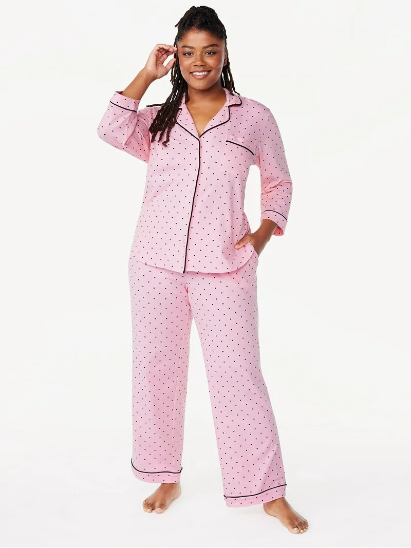 Joyspun Women’s Cotton Blend Notch Collar Top and Pants Pajama Set, 2-Piece, Sizes S-4X | Walmart (US)