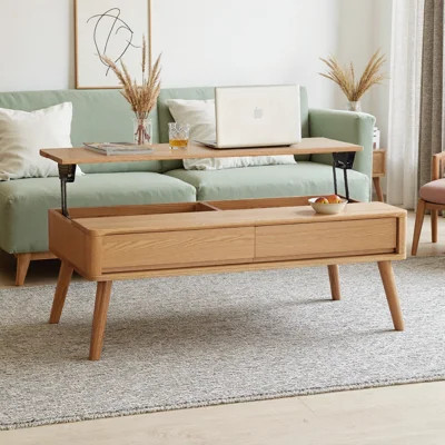 Natural Solid Oak Wood Lift-Top Coffee Table with Storage Shelf, Adjustable Height Center Table for Living Room, Home Office Desk & Dining, Triangular | Wayfair North America