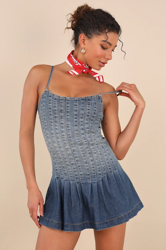 Mazikeen Medium Wash Ombre Denim Pleated Mini Dress | Lulus