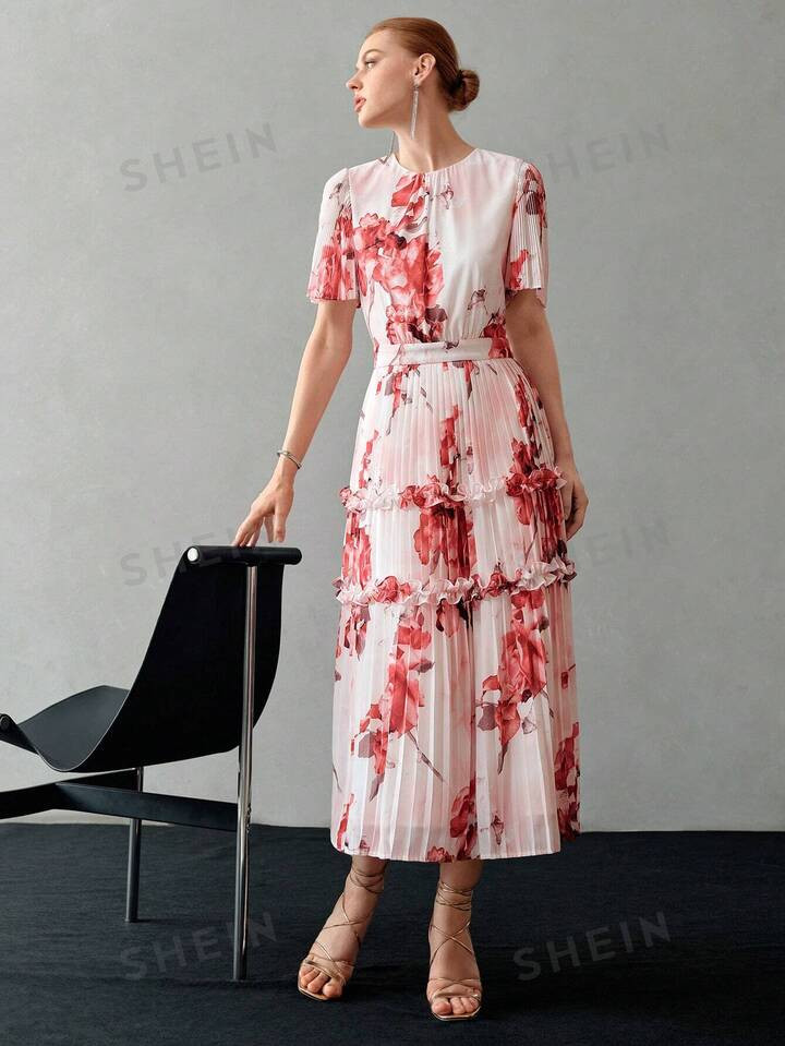 MOTF PREMIUM FLORAL PRINT FRILL TRIM PLEATED DRESS | SHEIN