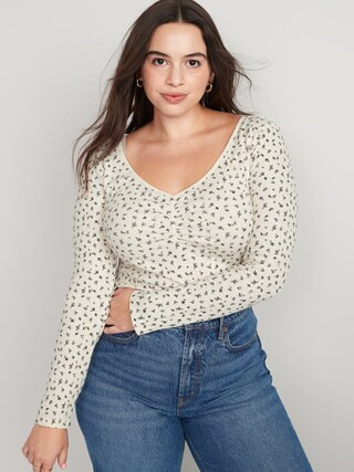 Long-Sleeve Floral Ribbed Slub-Knit Cinched-Front Top for Women | Old Navy (US)