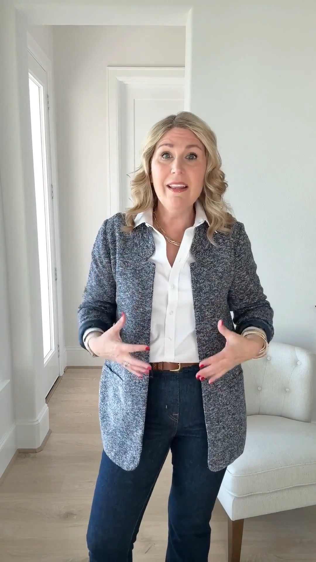 Blazer runs true to size. It has some stretch to it. It is fully lined.
White button up shirt runs true to size. It’s the classic fit. Almost covers the bum. 
Denim are the flare style in a dark wash. Very stretchy. Pull on style. Has functional belt loops. They run fitted at the hips through the thighs. I sized up one for a roomie fit.

#LTKWatchNow #LTKStyleTip #LTKShoeCrush

#LTKootd #LTKFindsUnder100 #LTKGiftGuide #LTKSaleAlert #LTKMidsize #LTKSeasonal #LTKPlusSize #LTKWorkwear #LTKPetite