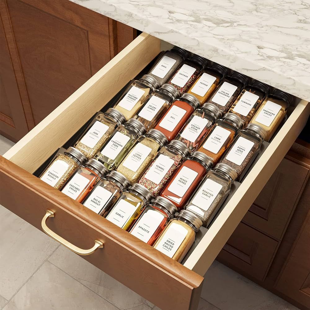SpaceAid Spice Drawer Organizer with 24 Spice Jars, 378 White Minimalist Spice Labels, 4 Tier Sea... | Amazon (US)