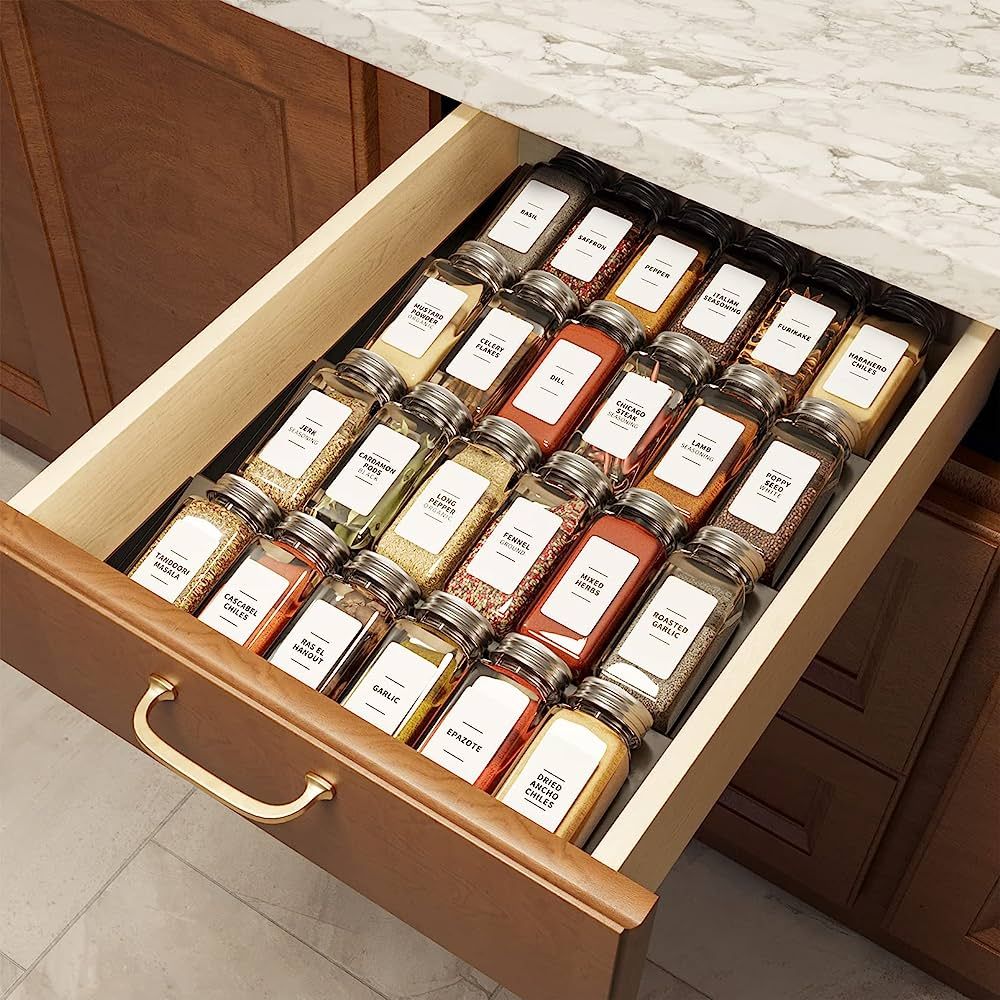 SpaceAid Spice Drawer Organizer with 24 Spice Jars, 378 White Minimalist Spice Labels, 4 Tier Sea... | Amazon (US)