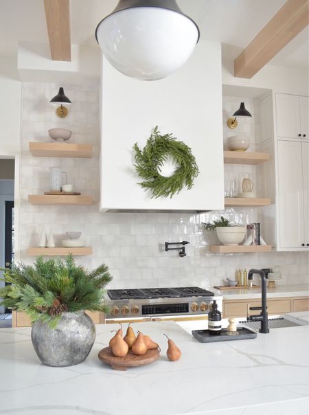 Christmas decor, Christmas wreaths, Norfolk pine, AFloral, kitchen decor, kitchen barstools, mcgeeandco, kitchen faucet, black kitchen pendant lights, white oak shelves 