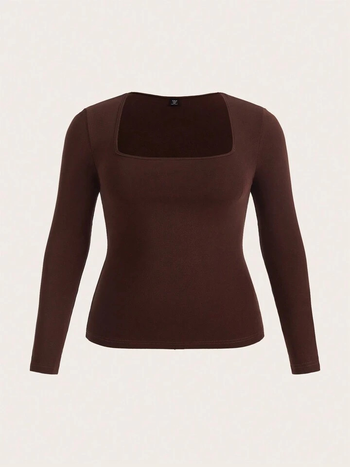 SHEIN BASICS Plus Square Neck Ribbed Knit Tee | SHEIN