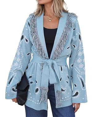 Cicy Bell Womens Fringe Cardigan Printed Long Sleeve V Neck Belt Sweaters | Amazon (US)