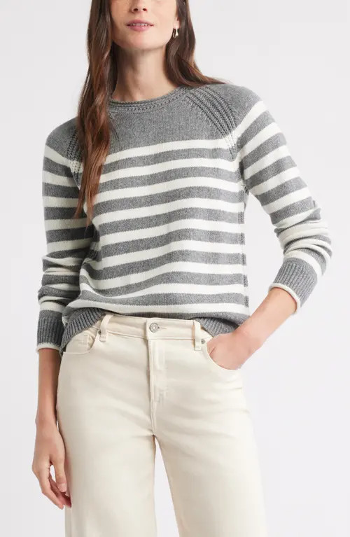 caslon(r) Raglan Sleeve Roll Neck Wool & Cotton Sweater in Grey- Ivory Stripe at Nordstrom, Size X-Large | Nordstrom