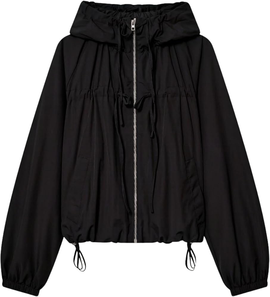 Xunger Women's Gathered Hooded Jacket Casual Loose Fit Bow Detail Coat Drawstring Hem Long Sleeve... | Amazon (US)