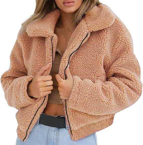 Womens Ladies Warm Artificial Wool Zipper Jacket Coat Winter Parka Outerwear | Amazon (US)