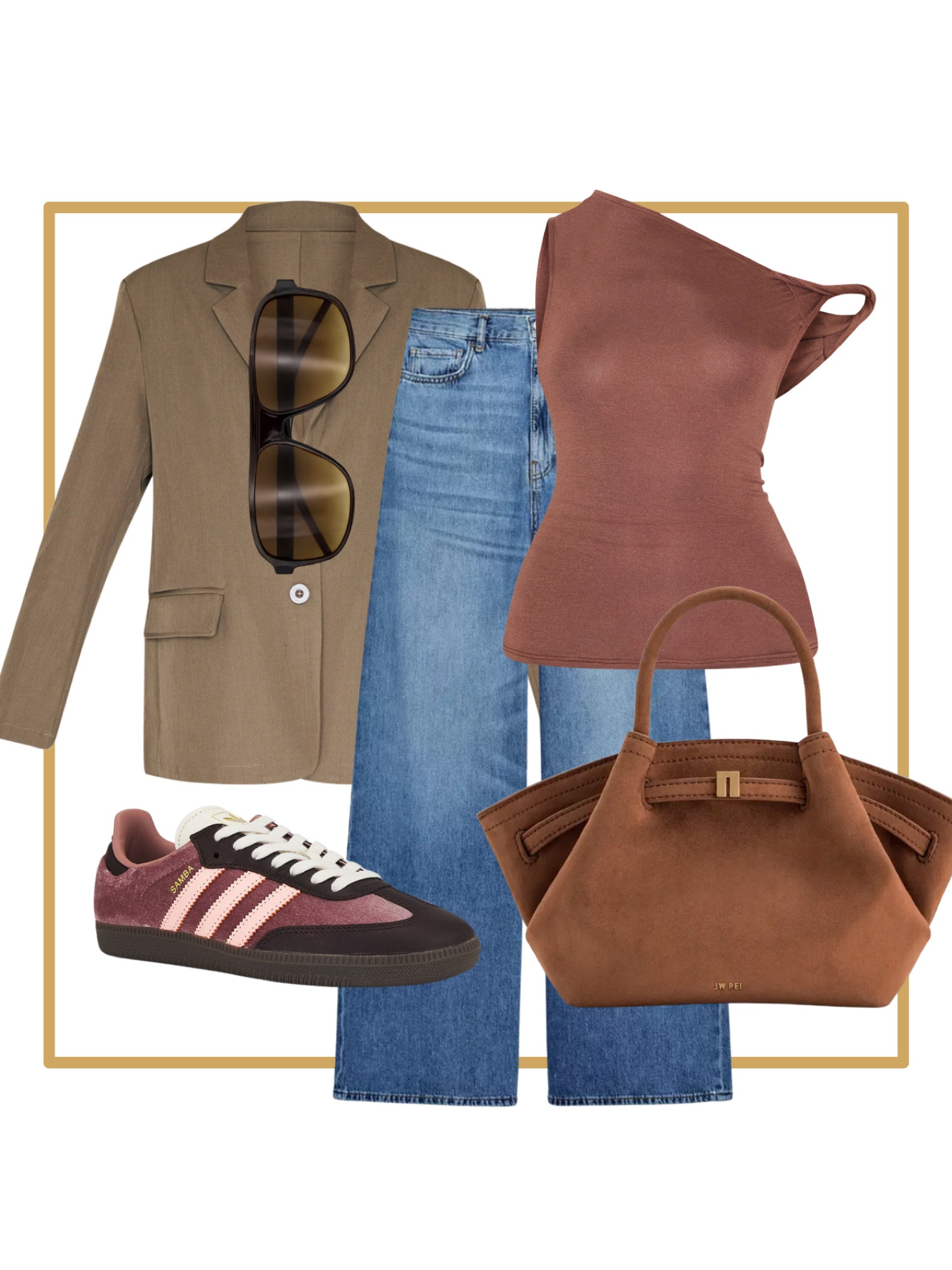 Casual everyday outfit. Olive dark blazer paired with chocolate brown tank top, wide leg jeans, adidas samba purple brown sneakers, chocolate brown sunglasses and brown suede handbag purse

#LTKWorkwear #LTKShoeCrush #LTKItBag