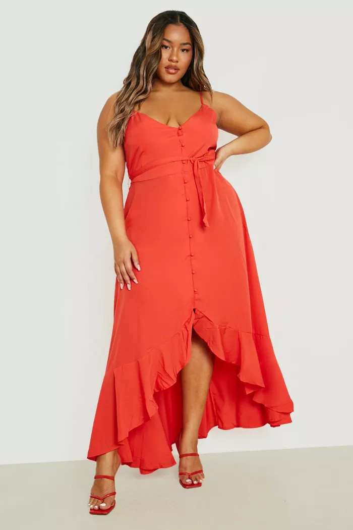 Plus Button Detail Frill Hem Midi Dress | Boohoo.com (US & CA)