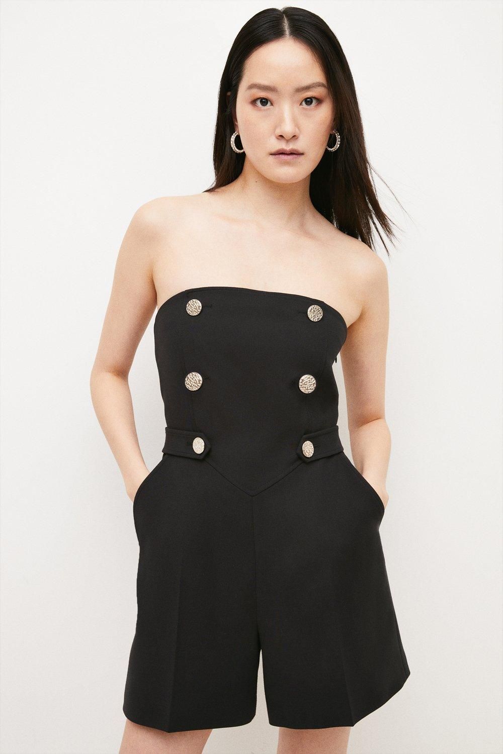 Compact Stretch Button Detail Playsuit | Karen Millen UK & IE