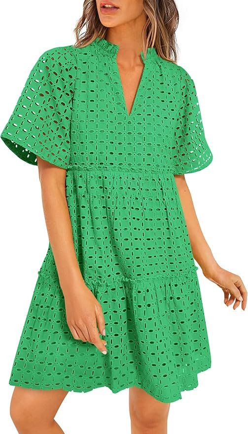 PRETTYGARDEN Women's Short Sleeve Mini Dress 2025 Summer V Neck Hollow Out Eyelet Ruffle A Line S... | Amazon (US)