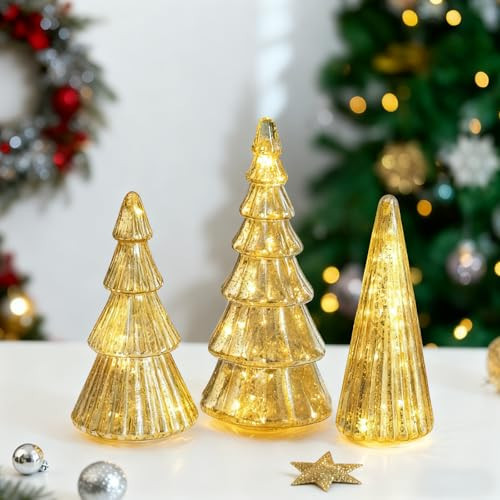 Glasseam Gold Christmas Centerpieces for Table: Set of 3 Mercury Glass Christmas Tree with Lights Tabletop Xmas Trees with Timer for Decorations Indoor Ornaments Fireplace Mantel Decor | Amazon (US)