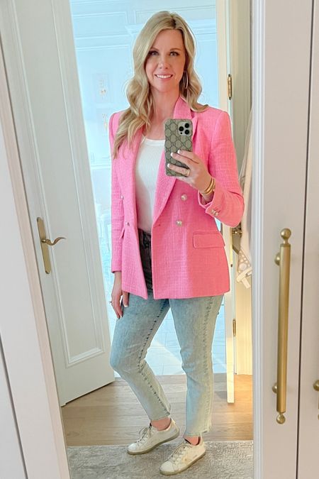 Pink blazer ribbed tank top acid washed straight leg jeans star sneakers 
Lipstick Color - Cream Cup
Lip Liner Color - Edge to Edge
Lip Gloss - Dreamy

#LTKbeauty #LTKstyletip #LTKunder50