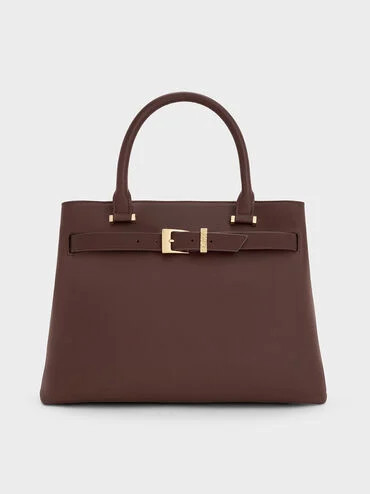 Voyager Leather Belted Trapeze Tote Bag
    
         - Dark Brown | Charles & Keith US