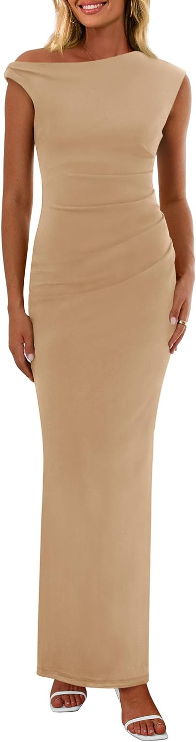 PRETTYGARDEN Women's 2026 Summer Formal Maxi Dresses Sleeveless One Shoulder Bodycon Ruched Mesh Wedding Guest Cocktail Dress | Amazon (US)
