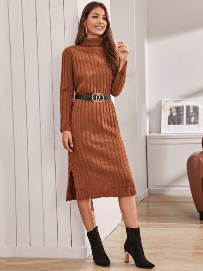 Slit Hem Rib-knit Sweater Dress Without Belt | SHEIN