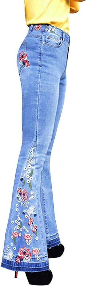 Lisskolo Bell Bottom Jeans for Women Flared Floral Embroidered Jean Wide Leg Denim Pants | Amazon (US)