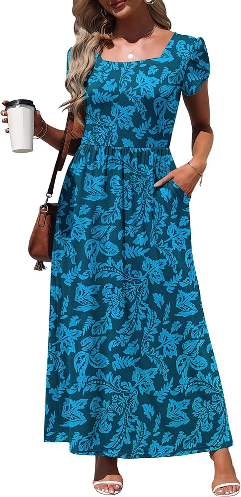 AUSELILY Women Petal Sleeve/Short Sleeve Square Neck Casual Long Maxi Dresses with Pockets | Amazon (US)