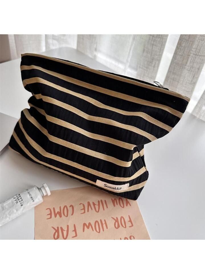 Black & Gold Woven Striped Makeup Bag,Large Capacity Waterproof Cosmetic Bag | SHEIN