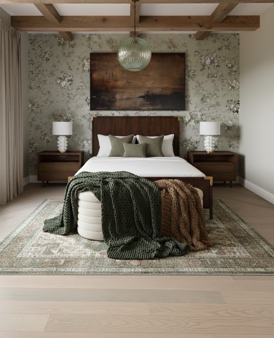 Bedroom Refresh : Shop The Look.
A cozy, nature-inspired retreat grounded in rich tones and layered textures.
This bedroom blends traditional warmth with modern simplicity, centered around a walnut wood bed frame with brass detailing. The sage green floral wallpaper introduces an organic softness, echoed through earth-toned pillows and a vintage-style area rug in shades of green and taupe.

A chunky knit throw blanket in deep forest and chestnut hues adds depth and comfort, draped casually over a ribbed textured ivory ottoman bench for a relaxed, lived-in look. Mid-century nightstands with ceramic statement lamps frame the bed, while a ribbed glass pendant light and exposed wood ceiling beams complete the space with quiet sophistication and warmth. 

#LTKSaleAlert #LTKHome