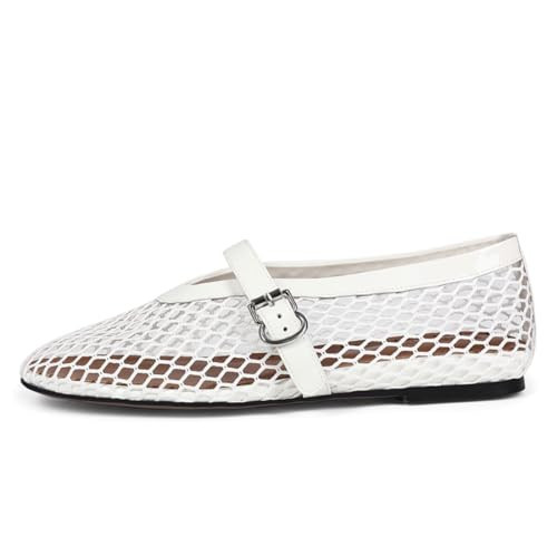 FANETLANN Women's Mesh Ballet Flats Fashion Buckle Fishnet Ballerina Casual Leisure Flat Classic Daily Dressy Shoes-White-9.5 | Amazon (US)