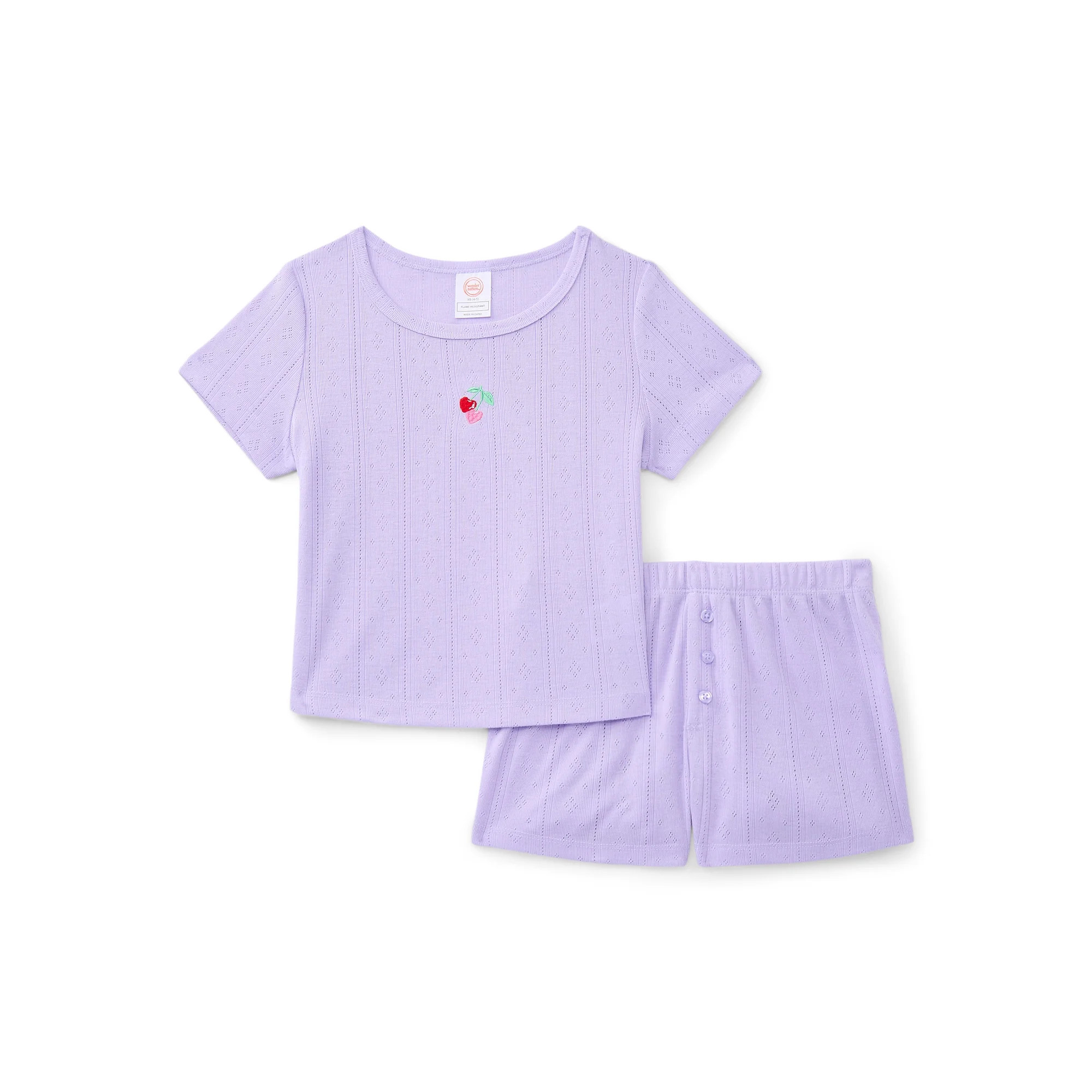 Wonder Nation Girls Pointelle Short Sleeve Top and Shorts Pajama Set, 2-Piece, Sizes 4-18 | Walmart (US)